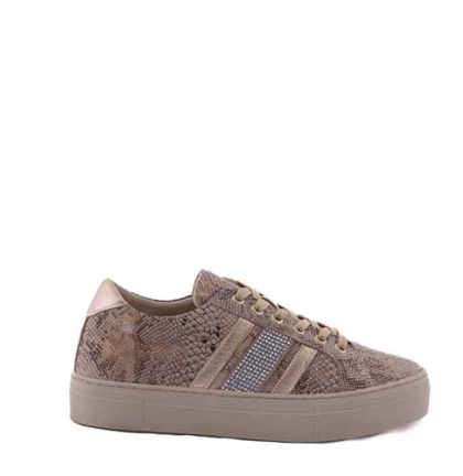 VOETTI Powder-Beige Snake Print Gold Stripes Rhinestones Sneakers