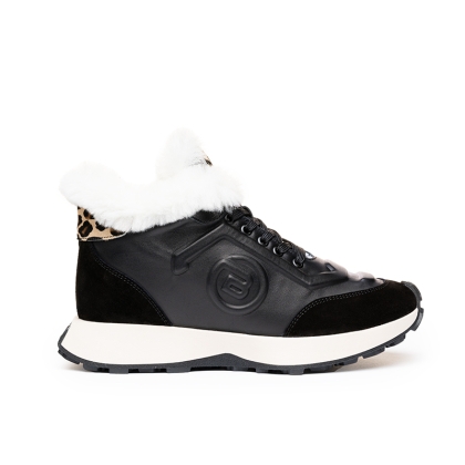 VOETTI Black Logo Fur Boots Leopard Detail