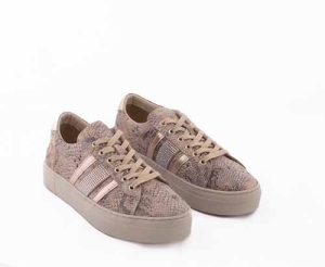 VOETTI Powder-Beige Snake Print Gold Stripes Rhinestones Sneakers