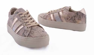 VOETTI Powder-Beige Snake Print Gold Stripes Rhinestones Sneakers