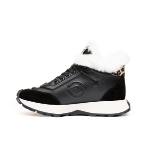VOETTI Black Logo Fur Boots Leopard Detail