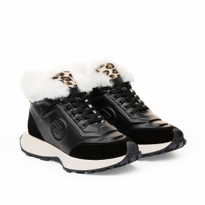 VOETTI Black Logo Fur Boots Leopard Detail