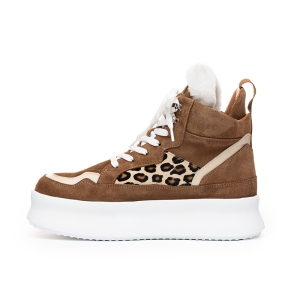 VOETTI Daring Leopard Print Fur Platform Boots Brown