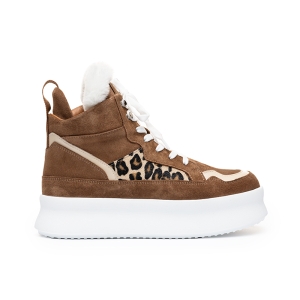 VOETTI Daring Leopard Print Fur Platform Boots Brown