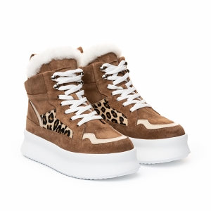 VOETTI Daring Leopard Print Fur Platform Boots Brown