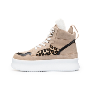 VOETTI Daring Leopard Print Fur Platform Boots Beige 