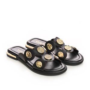 *   Voetti Women's Black Coin Embellished Leather Slide Sandals