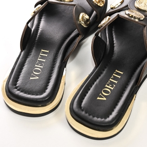 *   Voetti Women's Black Coin Embellished Leather Slide Sandals