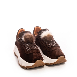VOETTI Brown Suede Fur Pom Sneakers