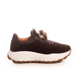 VOETTI Brown Suede Fur Pom Sneakers