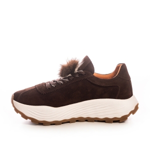 VOETTI Brown Suede Fur Pom Sneakers