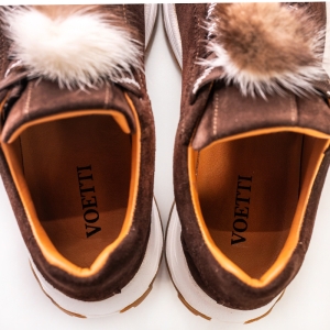 VOETTI Brown Suede Fur Pom Sneakers