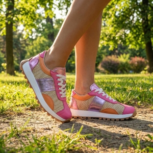 VOETTI Дамски маратонки-микс от кожа и тъкани-цвят розов/оранжев