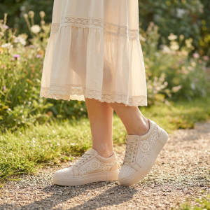 Сиви Дамски Кецове VOETTI с Бежова Дантела 